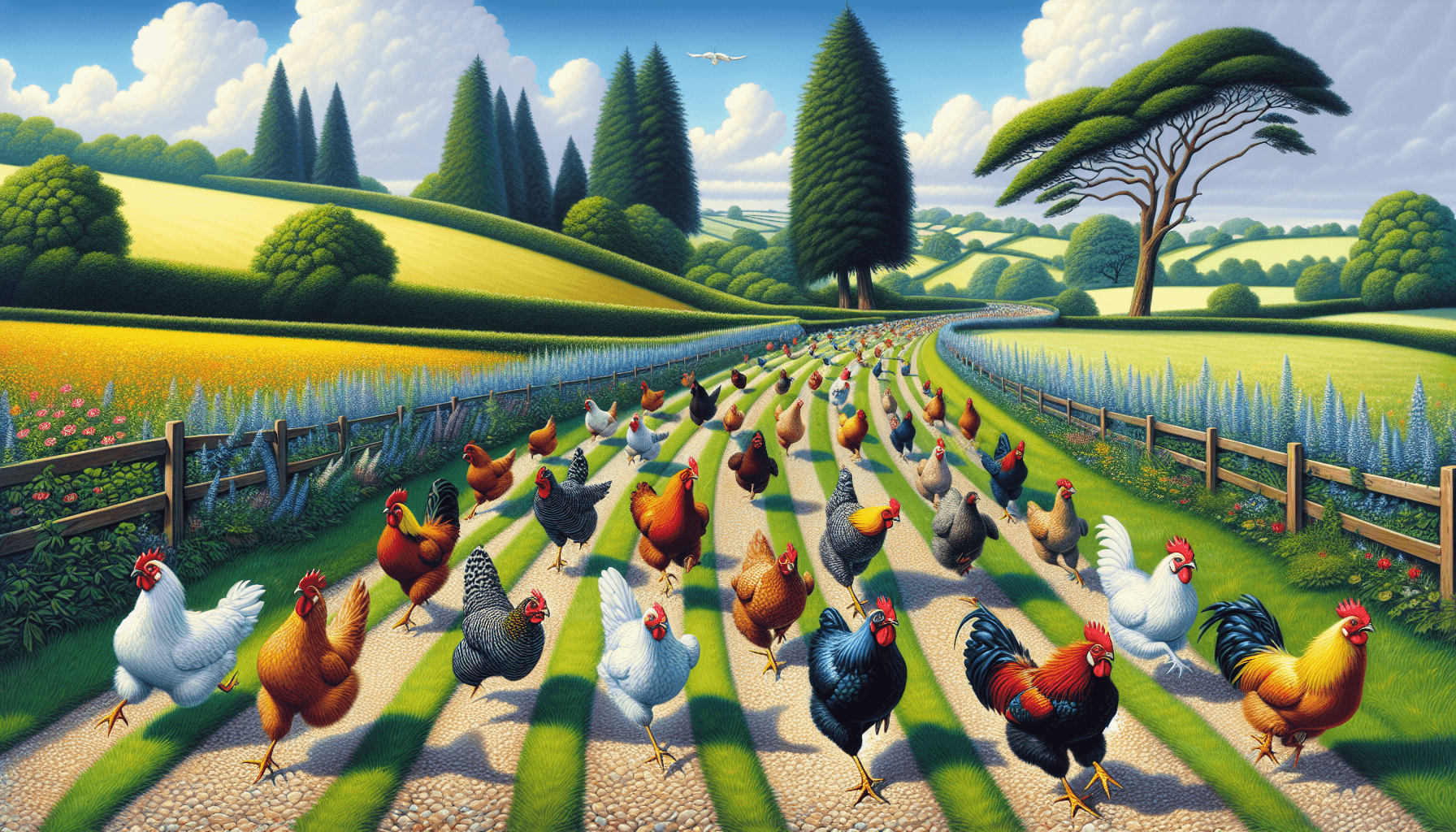 Chicken race through countryside path