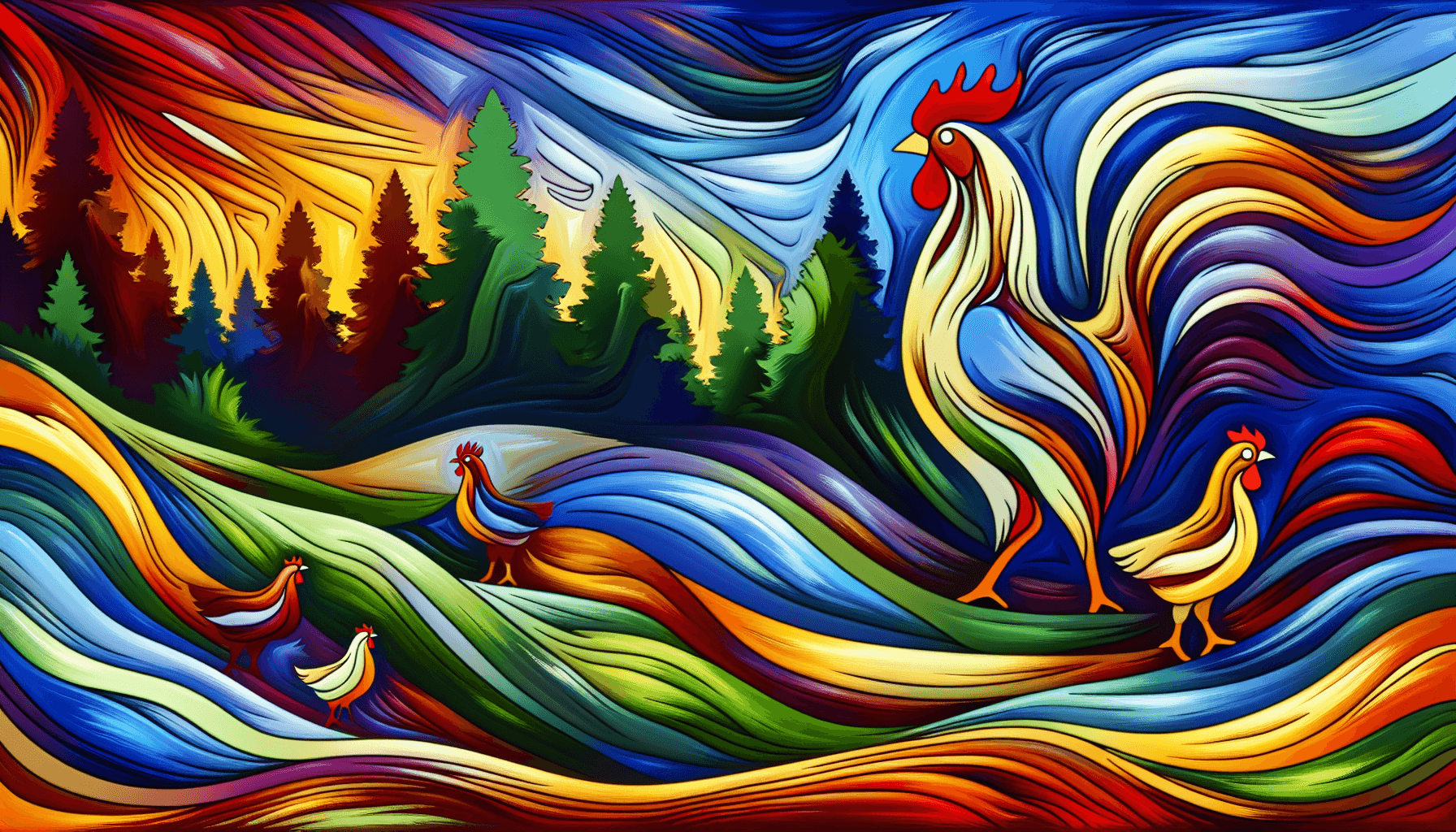 Heroic chickens ready for adventure in a colorful landscape