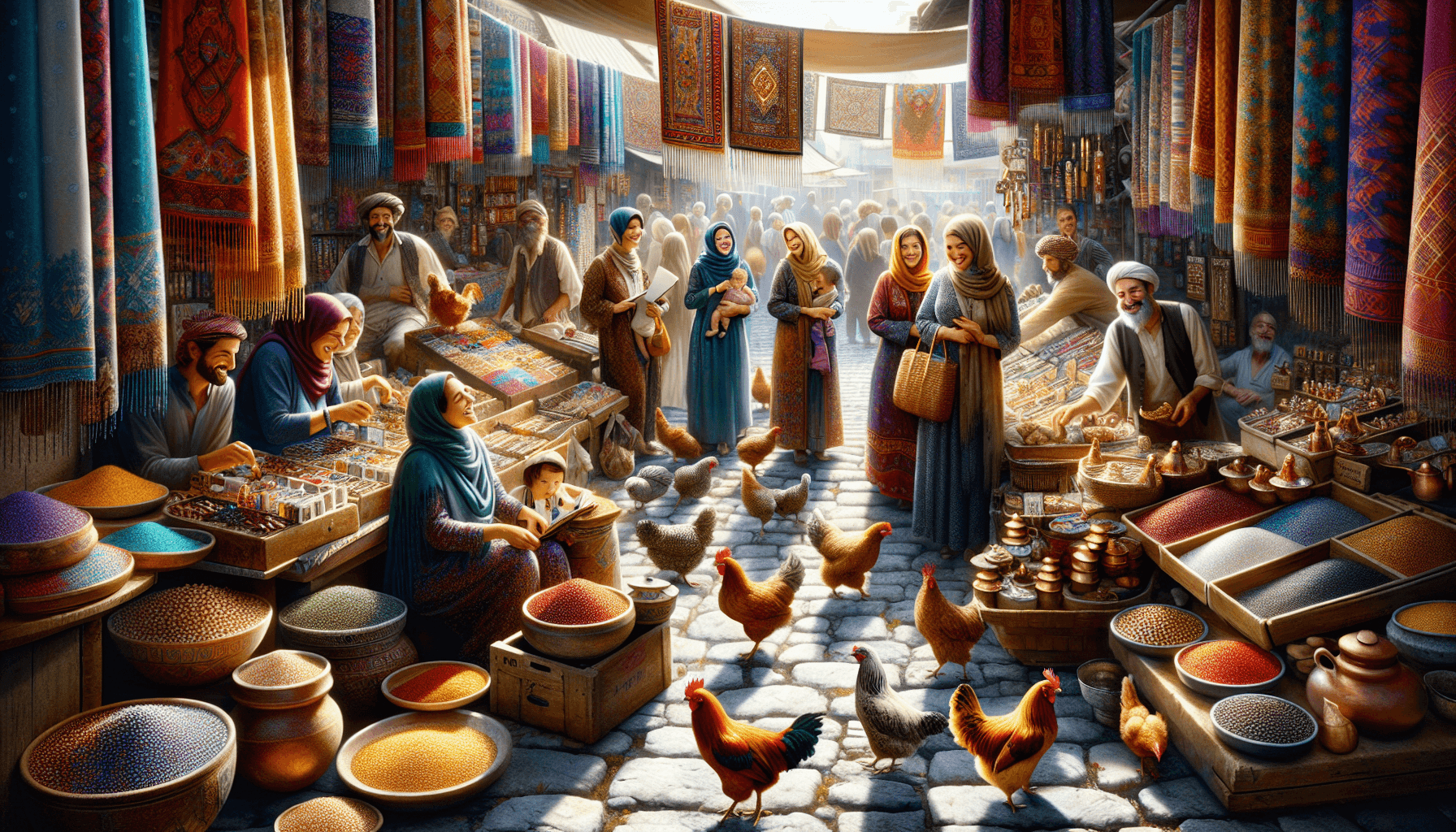 Market scene with chickens exploring