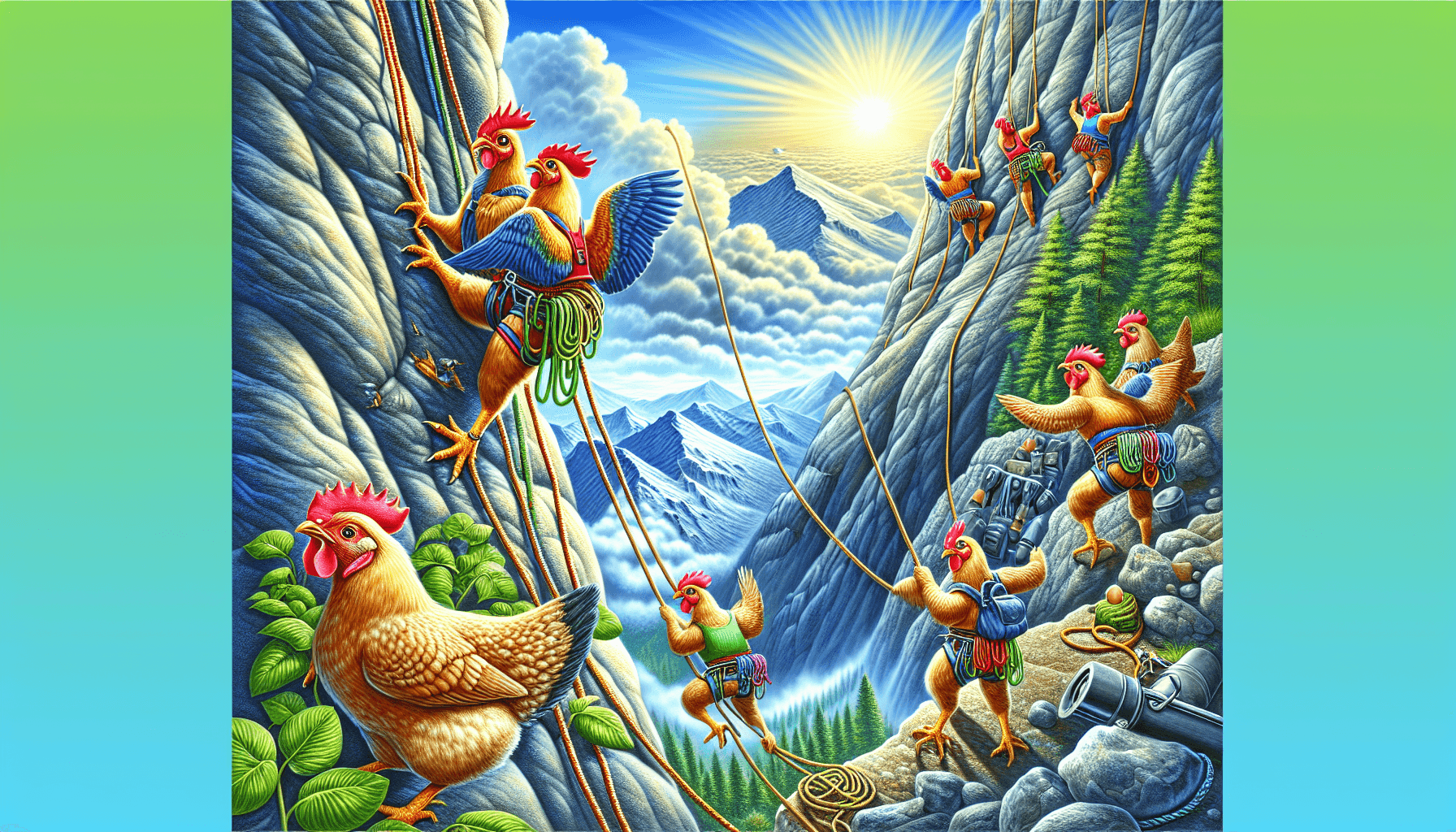 Chickens climbing a mountain